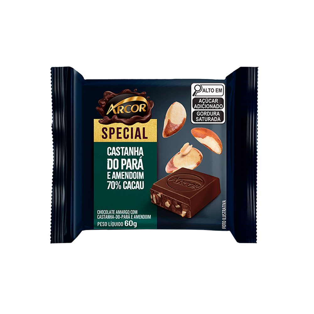 CHOCOLATE TABLETE SPECIAL AMARGO COM CASTANHA DO PARÁ  E AMENDOIM 70% ARCOR 60G