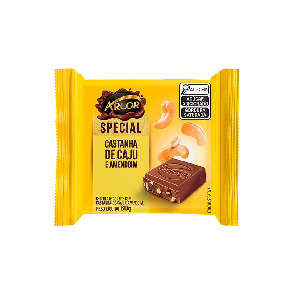 CHOCOLATE TABLETE SPECIAL AO LEITE CASTANHA DE CAJU E AMENDOIM ARCOR 60G